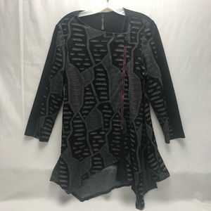 IC by Connie K Asymmetrical Front Zip Top Gray Black w Red Zipper Distressed